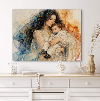 Framed canvas- ready to hang wall art print, vibrant colours crayon drawing abstract portrait mother and son, mother and baby boy, dark hair beautiful brunette woman, mothers day gilt, unique original artwork