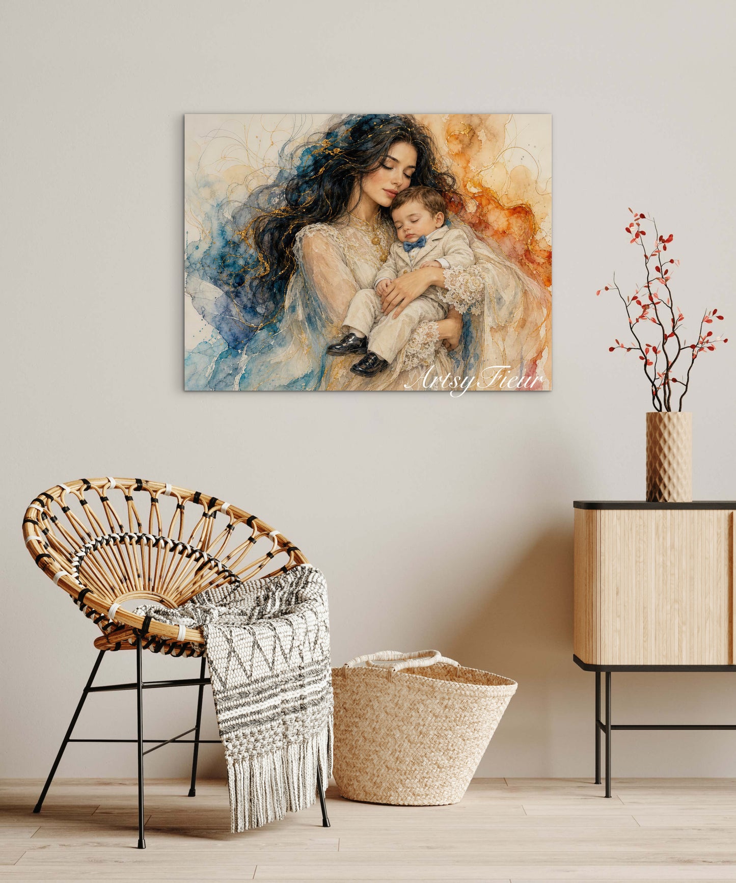 Framed canvas- ready to hang wall art print, vibrant colours crayon drawing abstract portrait mother and son, mother and baby boy, dark hair beautiful brunette woman, mothers day gilt, unique original artwork