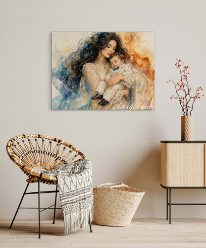 Framed canvas- ready to hang wall art print, vibrant colours crayon drawing abstract portrait mother and son, mother and baby boy, dark hair beautiful brunette woman, mothers day gilt, unique original artwork