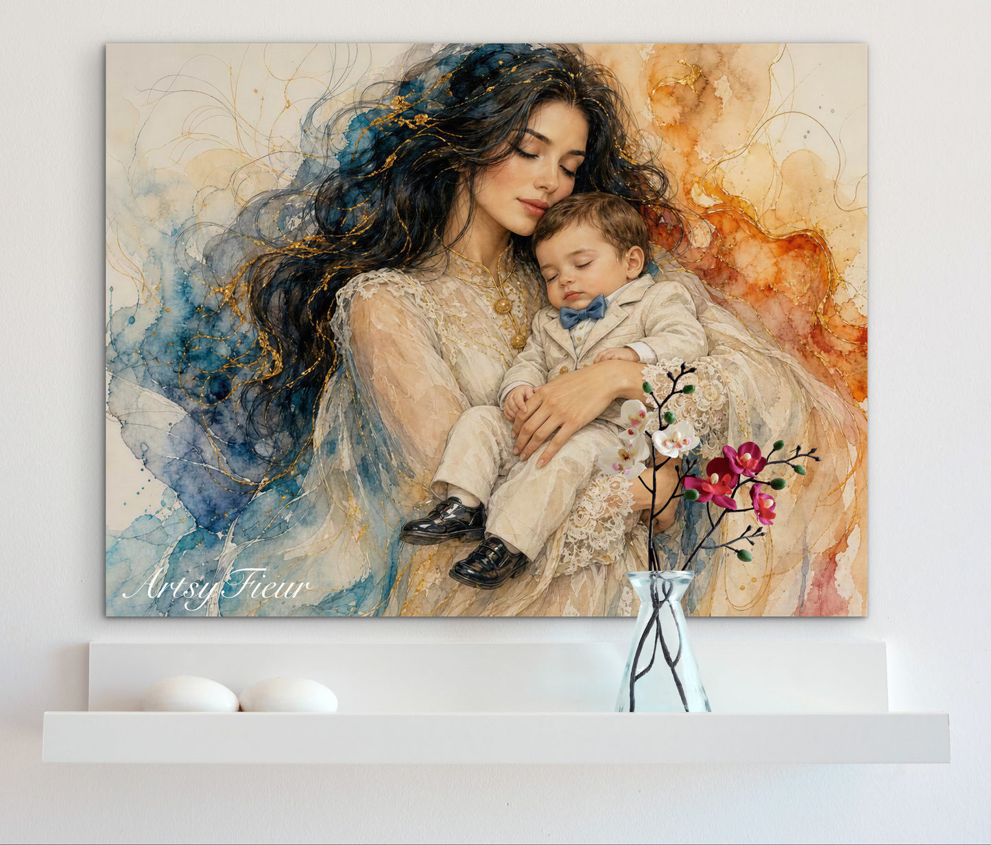 Framed canvas- ready to hang wall art print, vibrant colours crayon drawing abstract portrait mother and son, mother and baby boy, dark hair beautiful brunette woman, mothers day gilt, unique original artwork
