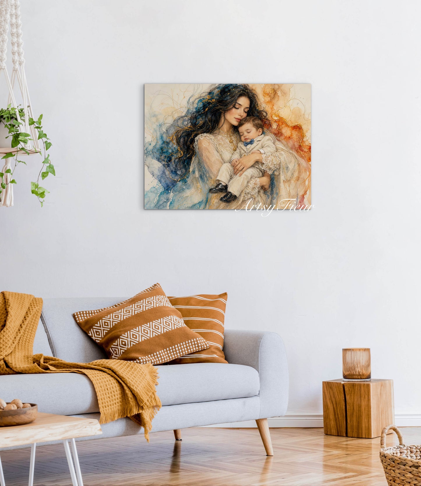 Framed canvas- ready to hang wall art print, vibrant colours crayon drawing abstract portrait mother and son, mother and baby boy, dark hair beautiful brunette woman, mothers day gilt, unique original artwork
