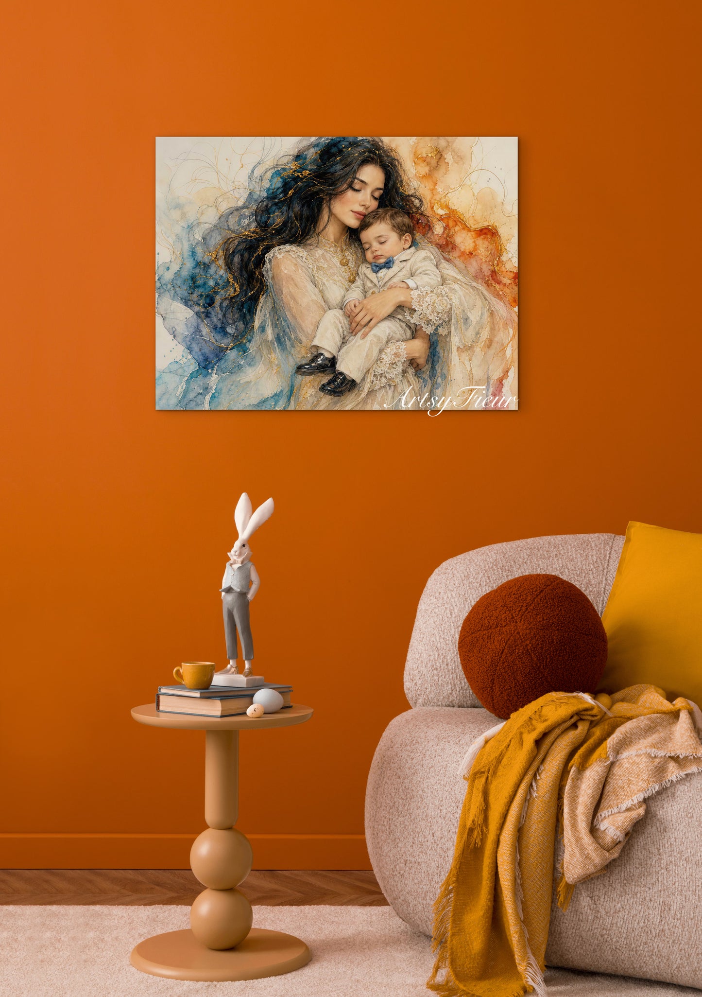 Framed canvas- ready to hang wall art print, vibrant colours crayon drawing abstract portrait mother and son, mother and baby boy, dark hair beautiful brunette woman, mothers day gilt, unique original artwork