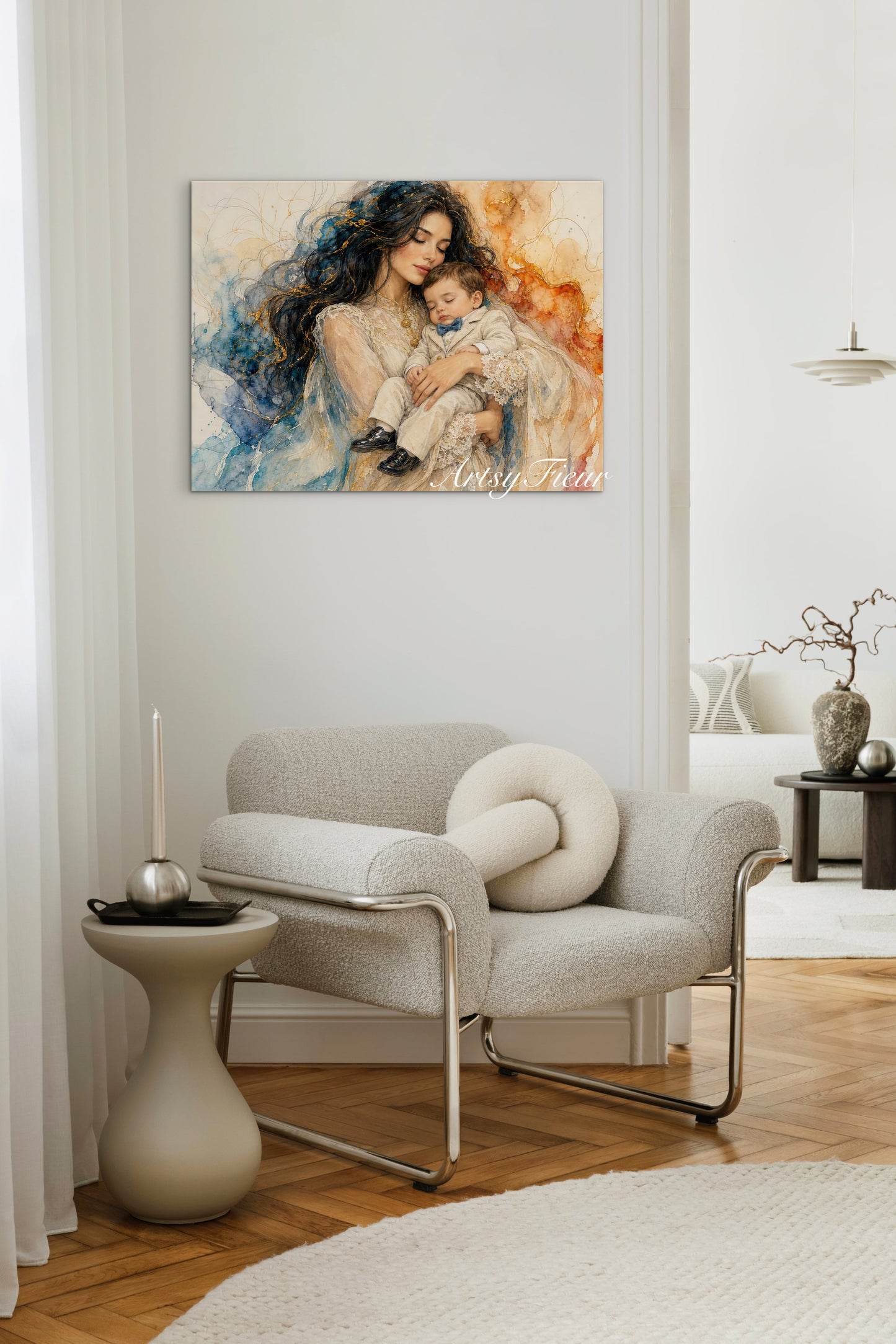 Framed canvas- ready to hang wall art print, vibrant colours crayon drawing abstract portrait mother and son, mother and baby boy, dark hair beautiful brunette woman, mothers day gilt, unique original artwork