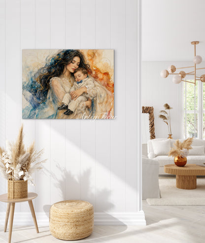 Framed canvas- ready to hang wall art print, vibrant colours crayon drawing abstract portrait mother and son, mother and baby boy, dark hair beautiful brunette woman, mothers day gilt, unique original artwork