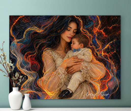 Framed canvas- ready to hang wall art print, vibrant colours abstract portrait mother and son crayon drawing neon light contours, dark hair brunette woman, mum and baby boy portrait, mothers day gift unique original artwork