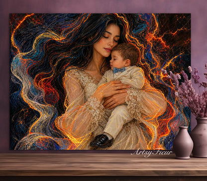 Framed canvas- ready to hang wall art print, vibrant colours abstract portrait mother and son crayon drawing neon light contours, dark hair brunette woman, mum and baby boy portrait, mothers day gift unique original artwork