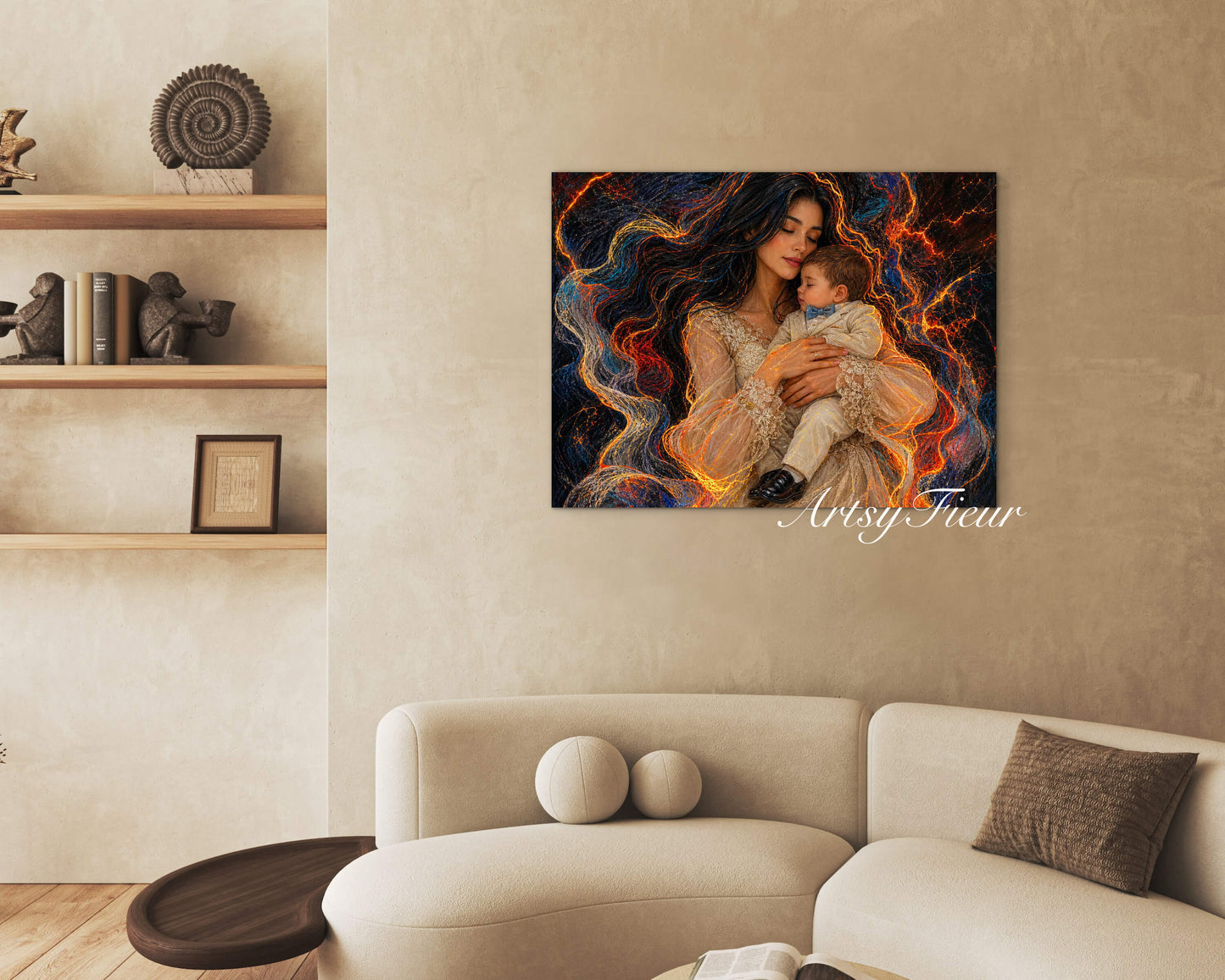 Framed canvas- ready to hang wall art print, vibrant colours abstract portrait mother and son crayon drawing neon light contours, dark hair brunette woman, mum and baby boy portrait, mothers day gift unique original artwork