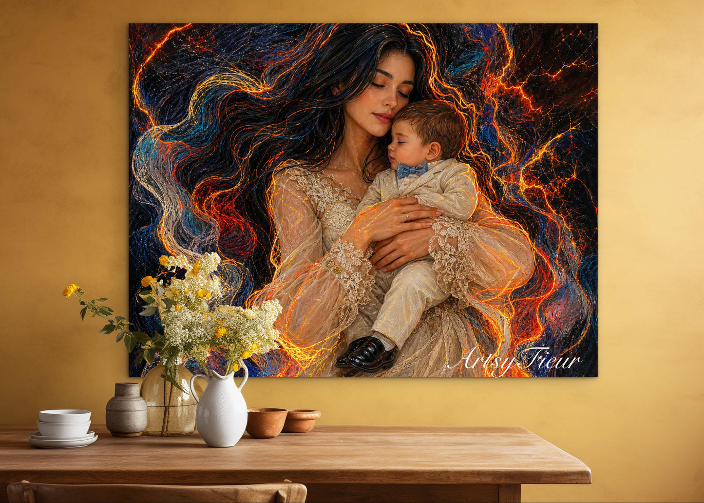 Framed canvas- ready to hang wall art print, vibrant colours abstract portrait mother and son crayon drawing neon light contours, dark hair brunette woman, mum and baby boy portrait, mothers day gift unique original artwork
