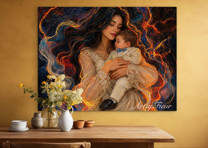 Framed canvas- ready to hang wall art print, vibrant colours abstract portrait mother and son crayon drawing neon light contours, dark hair brunette woman, mum and baby boy portrait, mothers day gift unique original artwork
