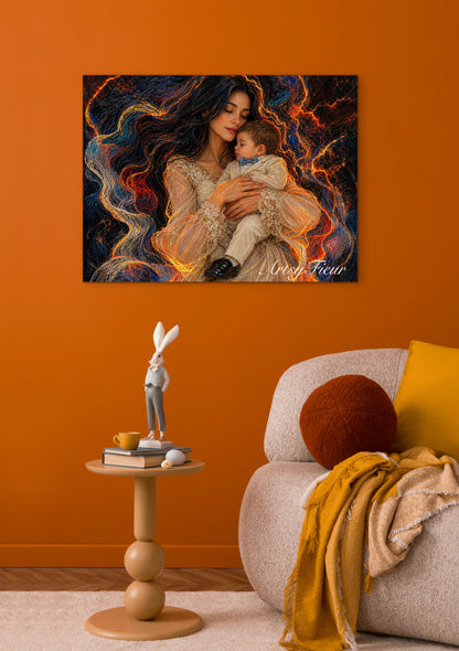 Framed canvas- ready to hang wall art print, vibrant colours abstract portrait mother and son crayon drawing neon light contours, dark hair brunette woman, mum and baby boy portrait, mothers day gift unique original artwork