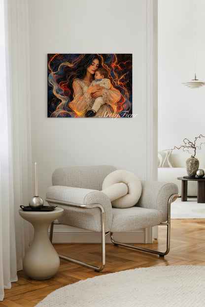 Framed canvas- ready to hang wall art print, vibrant colours abstract portrait mother and son crayon drawing neon light contours, dark hair brunette woman, mum and baby boy portrait, mothers day gift unique original artwork