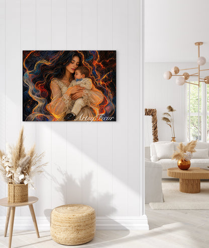 Framed canvas- ready to hang wall art print, vibrant colours abstract portrait mother and son crayon drawing neon light contours, dark hair brunette woman, mum and baby boy portrait, mothers day gift unique original artwork
