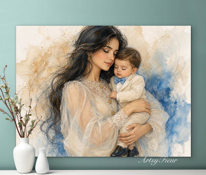Framed canvas- ready to hang wall art print, abstract colourful crayons drawing mother and son portrait, dark hair beautiful brunette woman mum and baby boy motherhood, mothers day gift