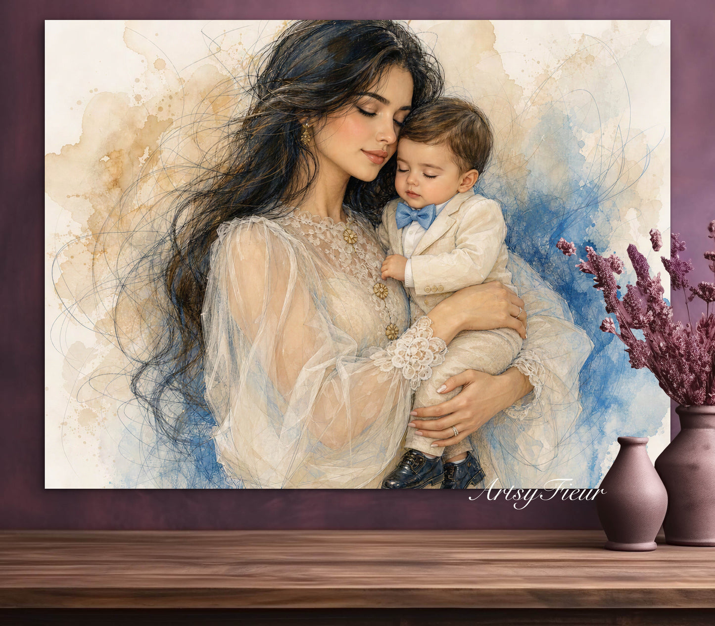 Framed canvas- ready to hang wall art print, abstract colourful crayons drawing mother and son portrait, dark hair beautiful brunette woman mum and baby boy motherhood, mothers day gift