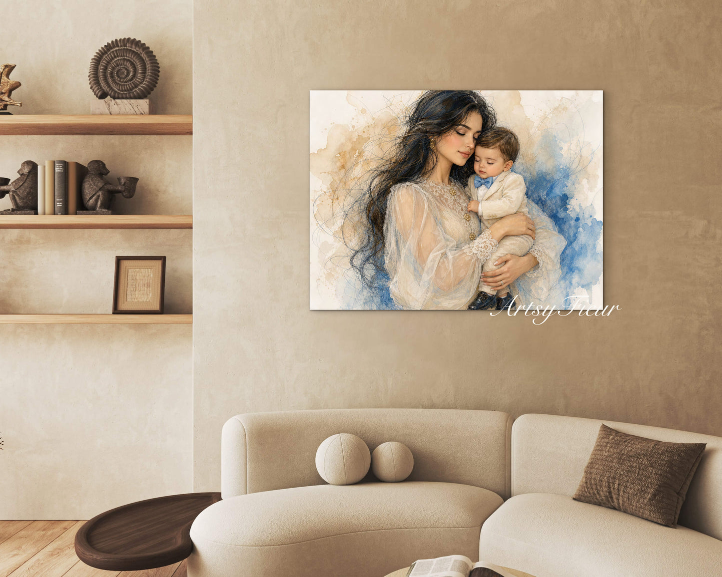 Framed canvas- ready to hang wall art print, abstract colourful crayons drawing mother and son portrait, dark hair beautiful brunette woman mum and baby boy motherhood, mothers day gift