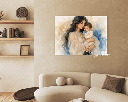 Framed canvas- ready to hang wall art print, abstract colourful crayons drawing mother and son portrait, dark hair beautiful brunette woman mum and baby boy motherhood, mothers day gift