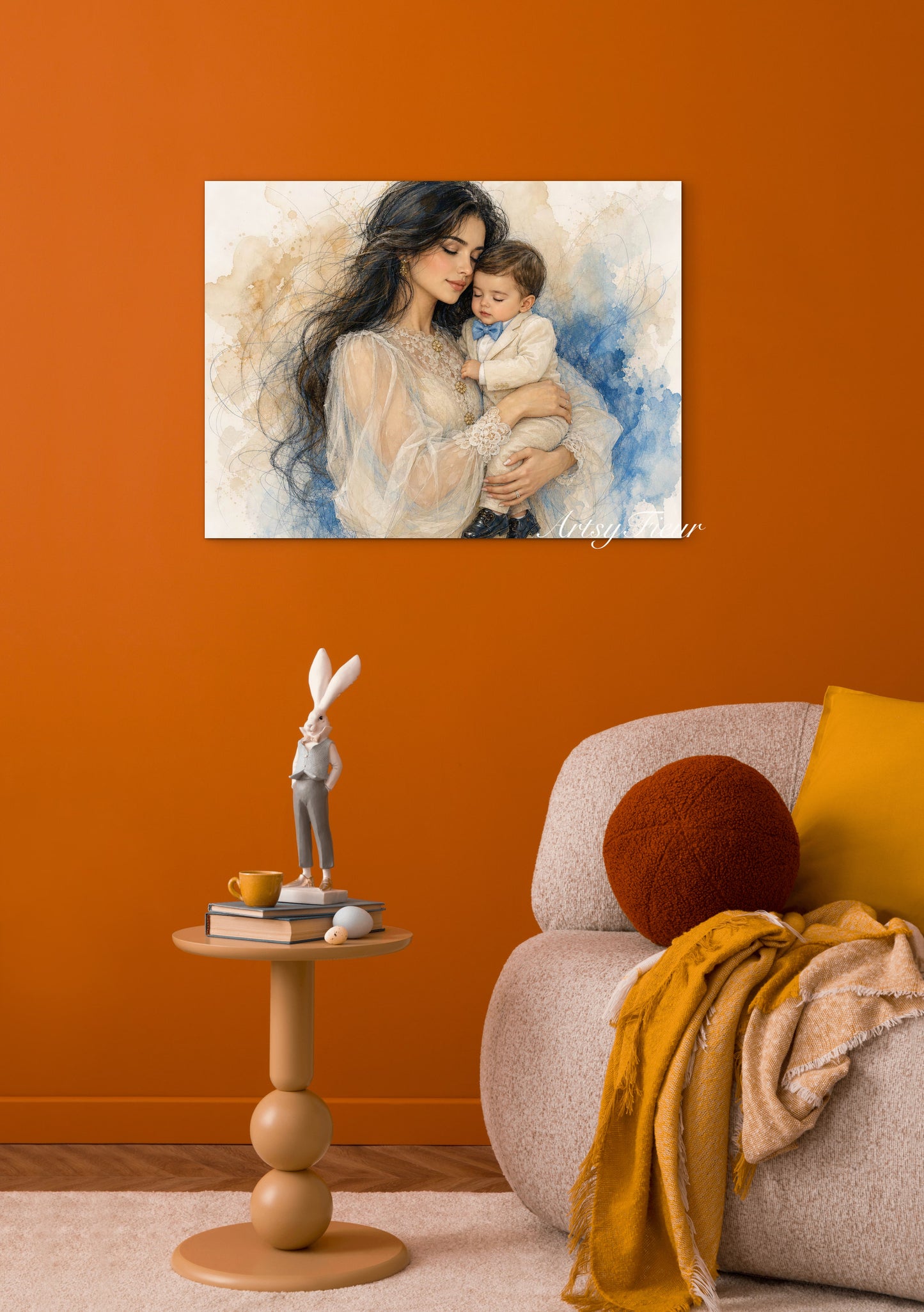 Framed canvas- ready to hang wall art print, abstract colourful crayons drawing mother and son portrait, dark hair beautiful brunette woman mum and baby boy motherhood, mothers day gift