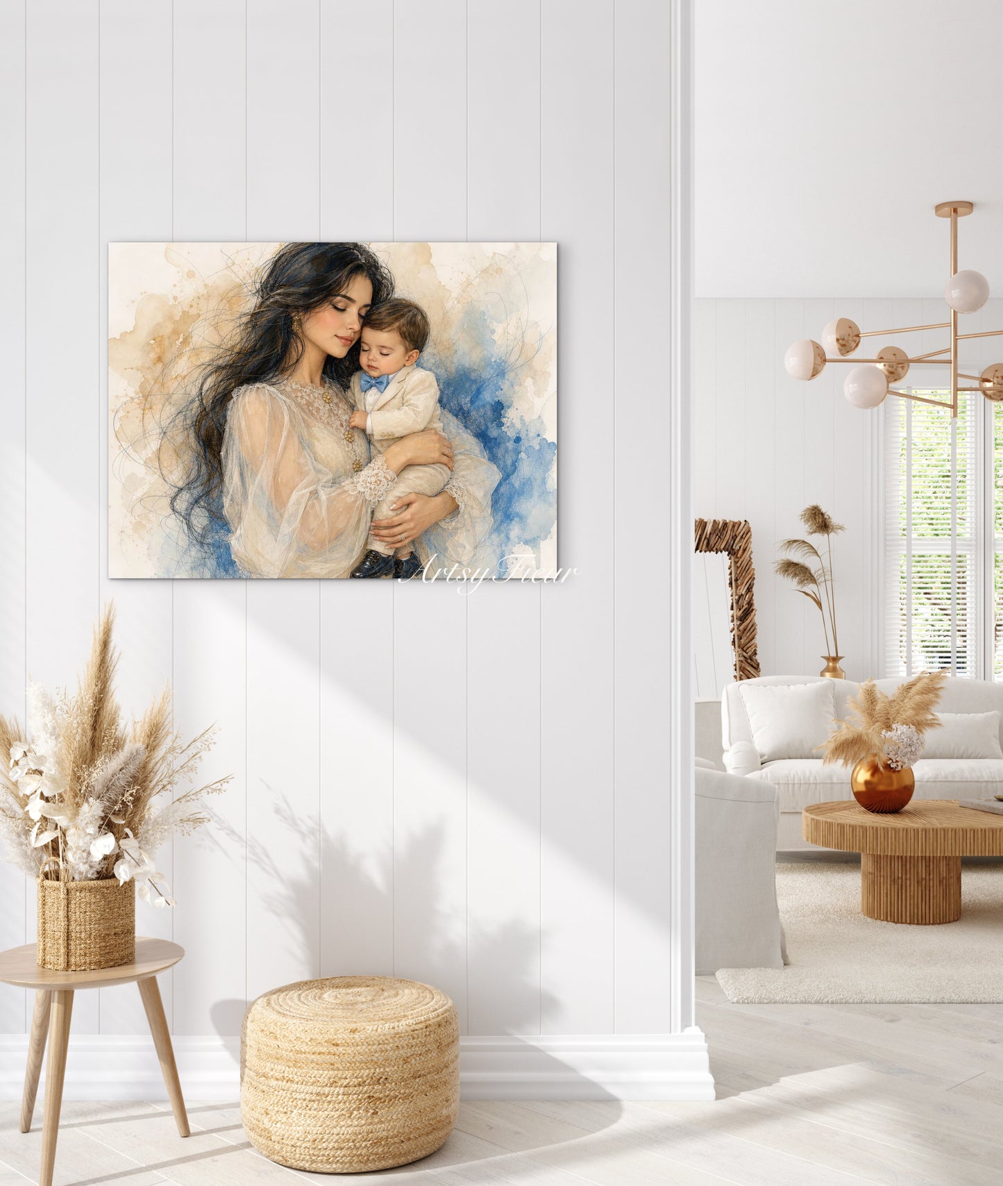 Framed canvas- ready to hang wall art print, abstract colourful crayons drawing mother and son portrait, dark hair beautiful brunette woman mum and baby boy motherhood, mothers day gift