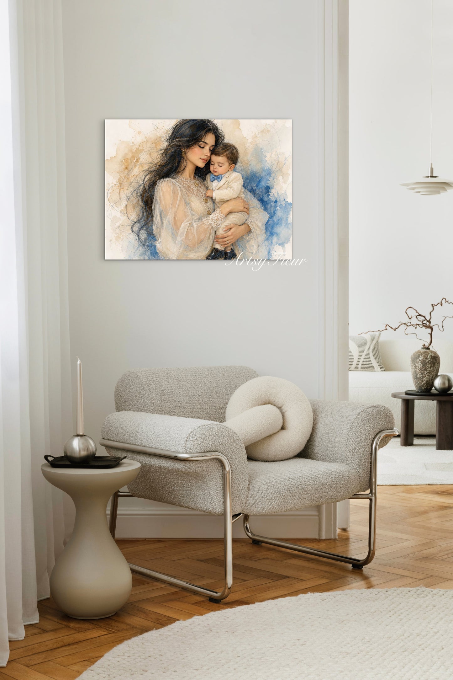 Framed canvas- ready to hang wall art print, abstract colourful crayons drawing mother and son portrait, dark hair beautiful brunette woman mum and baby boy motherhood, mothers day gift