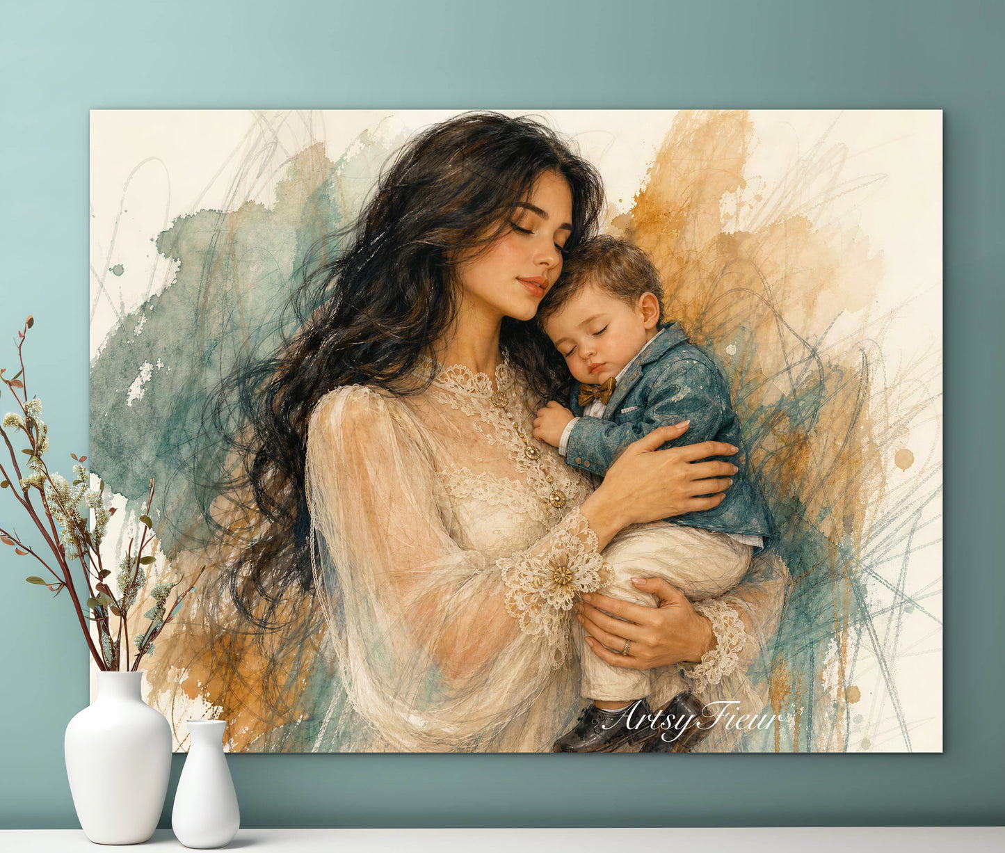 Framed canvas- ready to hang wall art, mother and baby boy abstract portrait pastel crayons drawing art print , beautiful baby boy dark hair brunette beautiful woman. Motherhood, mothers day gift