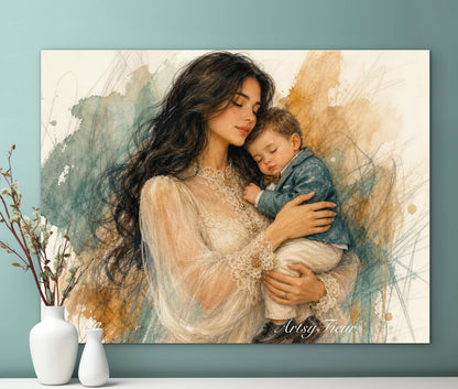 Framed canvas- ready to hang wall art, mother and baby boy abstract portrait pastel crayons drawing art print , beautiful baby boy dark hair brunette beautiful woman. Motherhood, mothers day gift