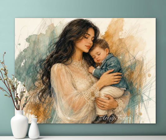 Framed canvas- ready to hang wall art, mother and baby boy abstract portrait pastel crayons drawing art print , beautiful baby boy dark hair brunette beautiful woman. Motherhood, mothers day gift