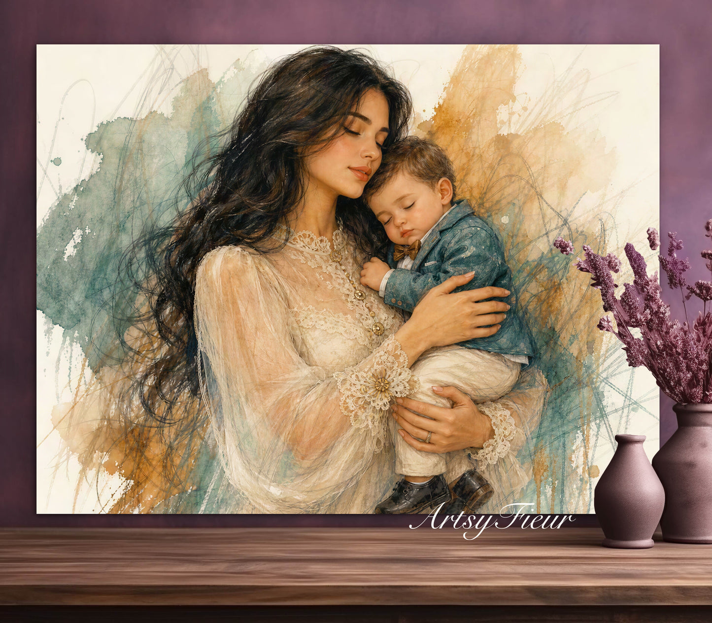 Framed canvas- ready to hang wall art, mother and baby boy abstract portrait pastel crayons drawing art print , beautiful baby boy dark hair brunette beautiful woman. Motherhood, mothers day gift