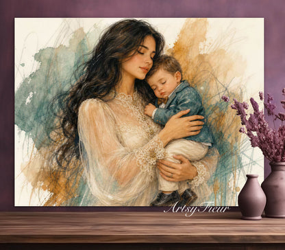Framed canvas- ready to hang wall art, mother and baby boy abstract portrait pastel crayons drawing art print , beautiful baby boy dark hair brunette beautiful woman. Motherhood, mothers day gift