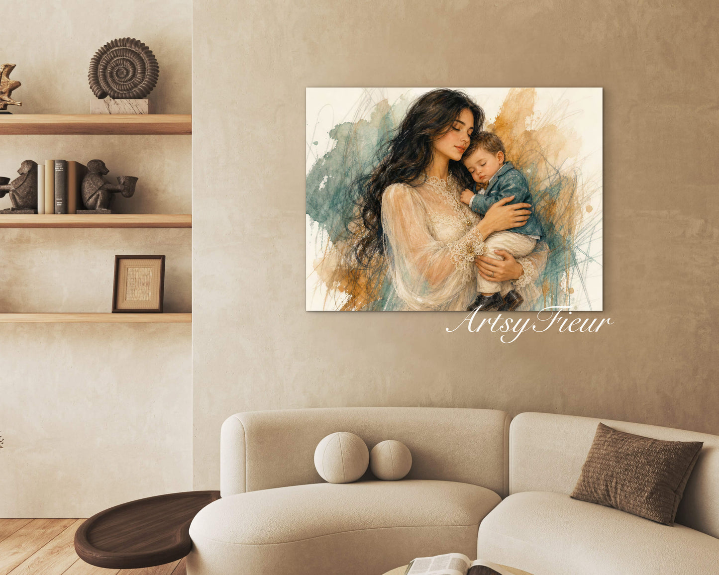 Framed canvas- ready to hang wall art, mother and baby boy abstract portrait pastel crayons drawing art print , beautiful baby boy dark hair brunette beautiful woman. Motherhood, mothers day gift