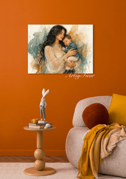Framed canvas- ready to hang wall art, mother and baby boy abstract portrait pastel crayons drawing art print , beautiful baby boy dark hair brunette beautiful woman. Motherhood, mothers day gift