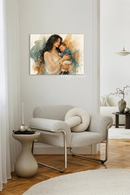 Framed canvas- ready to hang wall art, mother and baby boy abstract portrait pastel crayons drawing art print , beautiful baby boy dark hair brunette beautiful woman. Motherhood, mothers day gift