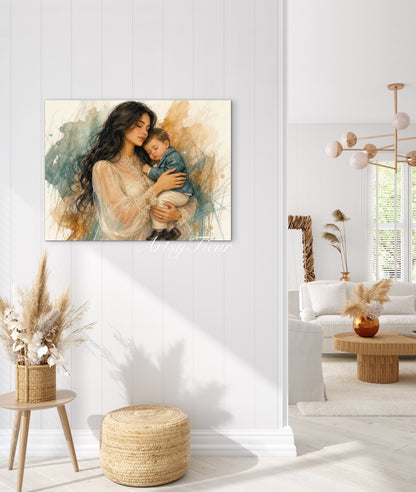 Framed canvas- ready to hang wall art, mother and baby boy abstract portrait pastel crayons drawing art print , beautiful baby boy dark hair brunette beautiful woman. Motherhood, mothers day gift