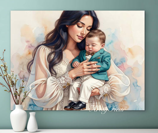 Framed canvas- ready to hang wall art print, abstract portrait mother and son vibrant colours fantasy crayon drawing, dark hair brunette woman, mum and baby boy, motherhood, mothers day gift, unique original artwork.