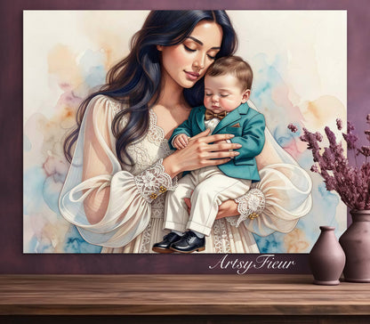 Framed canvas- ready to hang wall art print, abstract portrait mother and son vibrant colours fantasy crayon drawing, dark hair brunette woman, mum and baby boy, motherhood, mothers day gift, unique original artwork.
