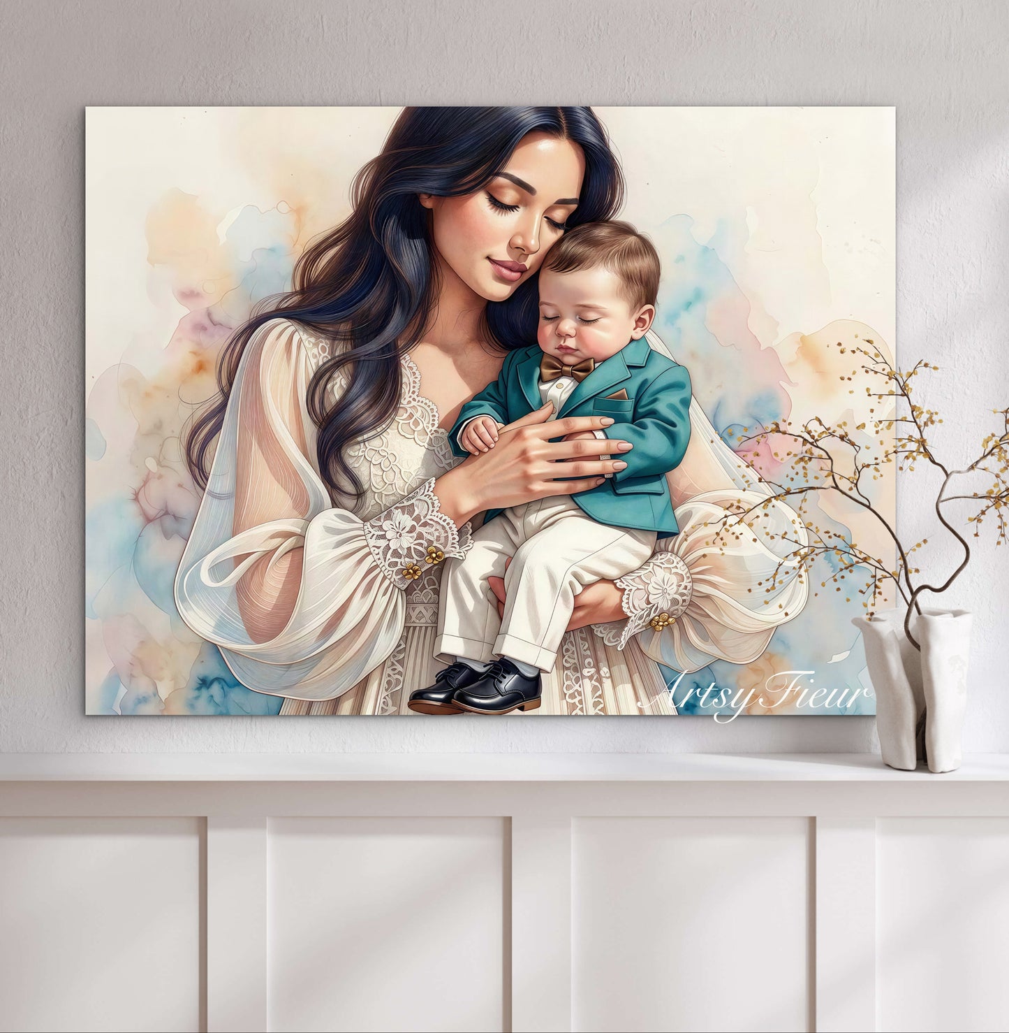 Framed canvas- ready to hang wall art print, abstract portrait mother and son vibrant colours fantasy crayon drawing, dark hair brunette woman, mum and baby boy, motherhood, mothers day gift, unique original artwork.