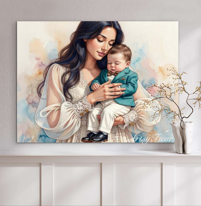 Framed canvas- ready to hang wall art print, abstract portrait mother and son vibrant colours fantasy crayon drawing, dark hair brunette woman, mum and baby boy, motherhood, mothers day gift, unique original artwork.