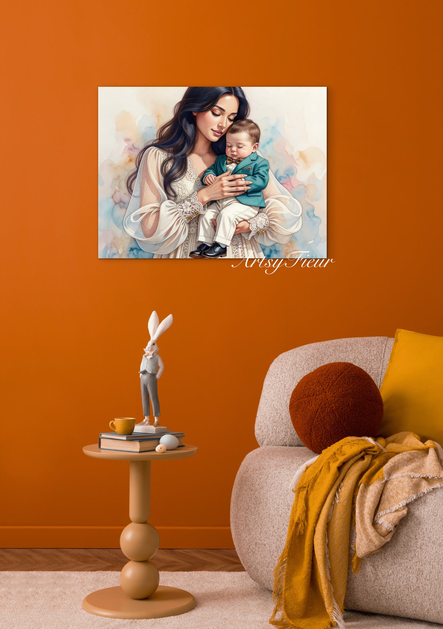 Framed canvas- ready to hang wall art print, abstract portrait mother and son vibrant colours fantasy crayon drawing, dark hair brunette woman, mum and baby boy, motherhood, mothers day gift, unique original artwork.