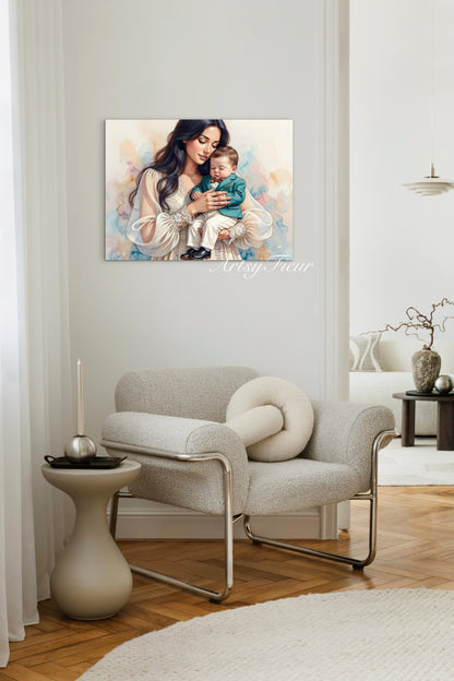Framed canvas- ready to hang wall art print, abstract portrait mother and son vibrant colours fantasy crayon drawing, dark hair brunette woman, mum and baby boy, motherhood, mothers day gift, unique original artwork.
