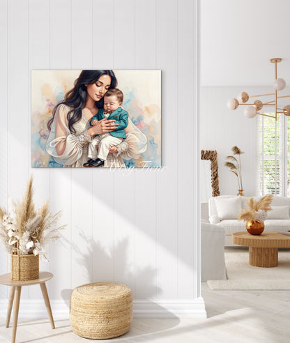 Framed canvas- ready to hang wall art print, abstract portrait mother and son vibrant colours fantasy crayon drawing, dark hair brunette woman, mum and baby boy, motherhood, mothers day gift, unique original artwork.