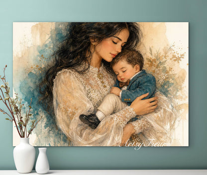 Framed canvas- ready to hang wall art, abstract drawing mother and son portrait, brunette dark hair woman mum and baby vibrant colours, motherhood mothers day gift