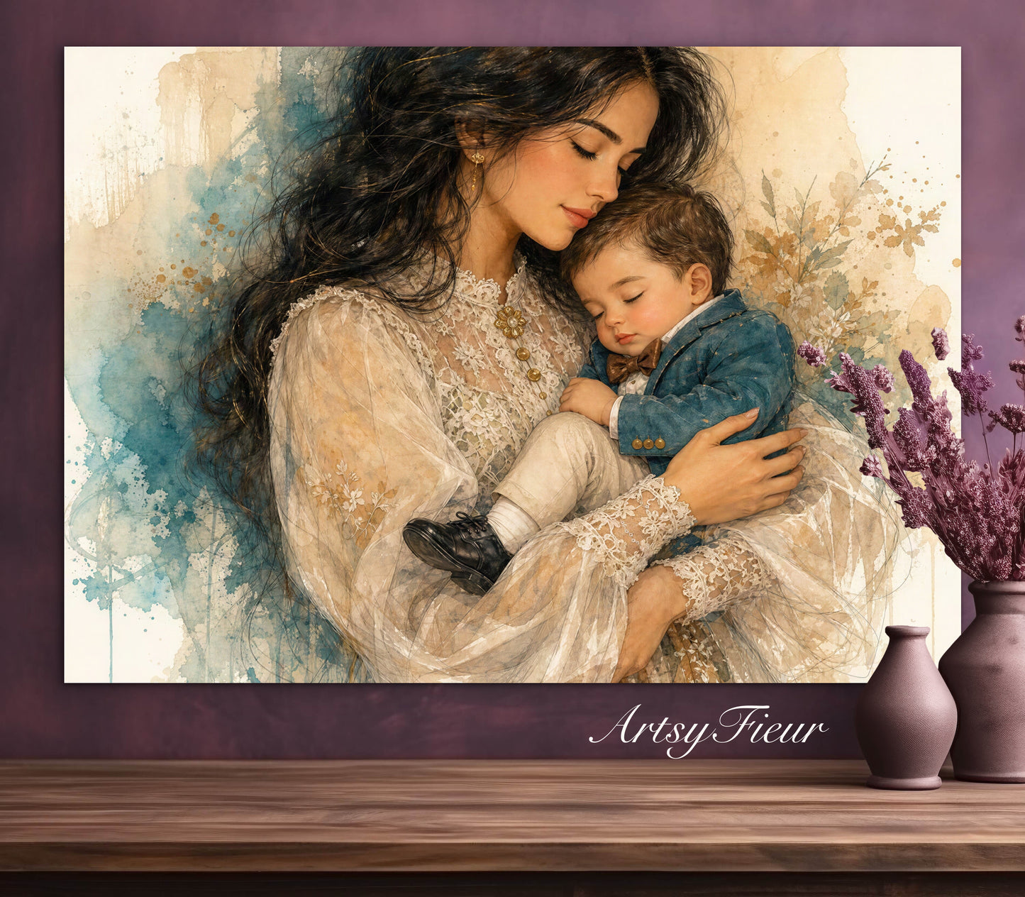 Framed canvas- ready to hang wall art, abstract drawing mother and son portrait, brunette dark hair woman mum and baby vibrant colours, motherhood mothers day gift