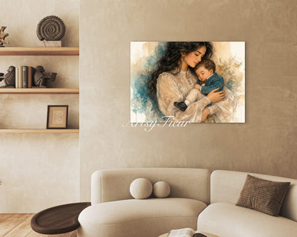 Framed canvas- ready to hang wall art, abstract drawing mother and son portrait, brunette dark hair woman mum and baby vibrant colours, motherhood mothers day gift