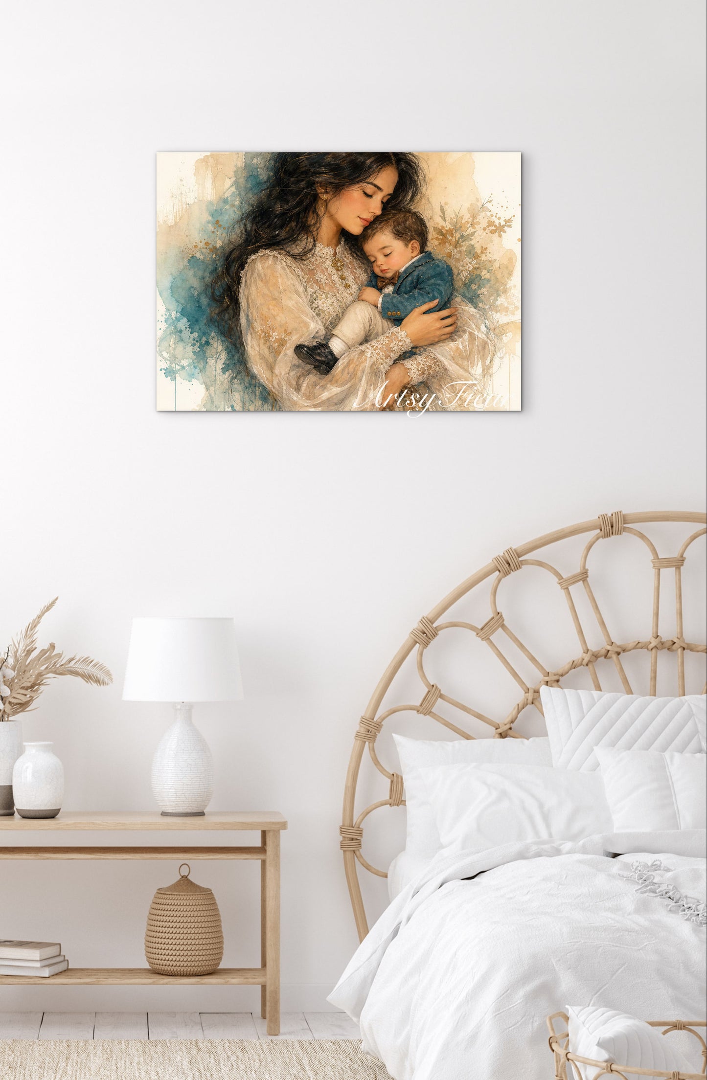 Framed canvas- ready to hang wall art, abstract drawing mother and son portrait, brunette dark hair woman mum and baby vibrant colours, motherhood mothers day gift