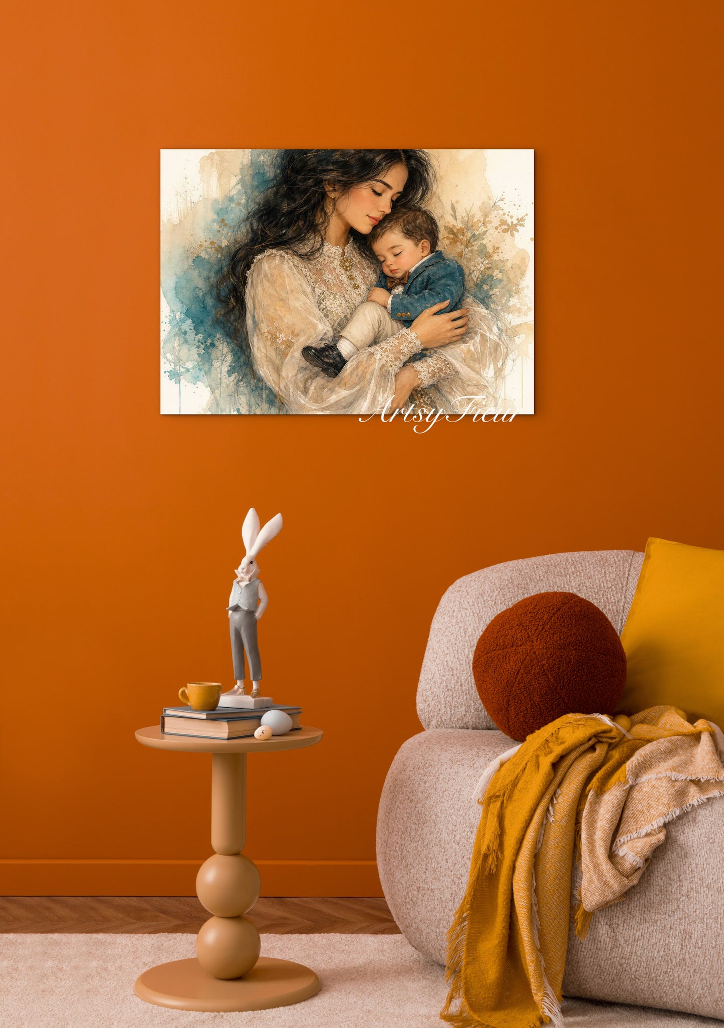 Framed canvas- ready to hang wall art, abstract drawing mother and son portrait, brunette dark hair woman mum and baby vibrant colours, motherhood mothers day gift