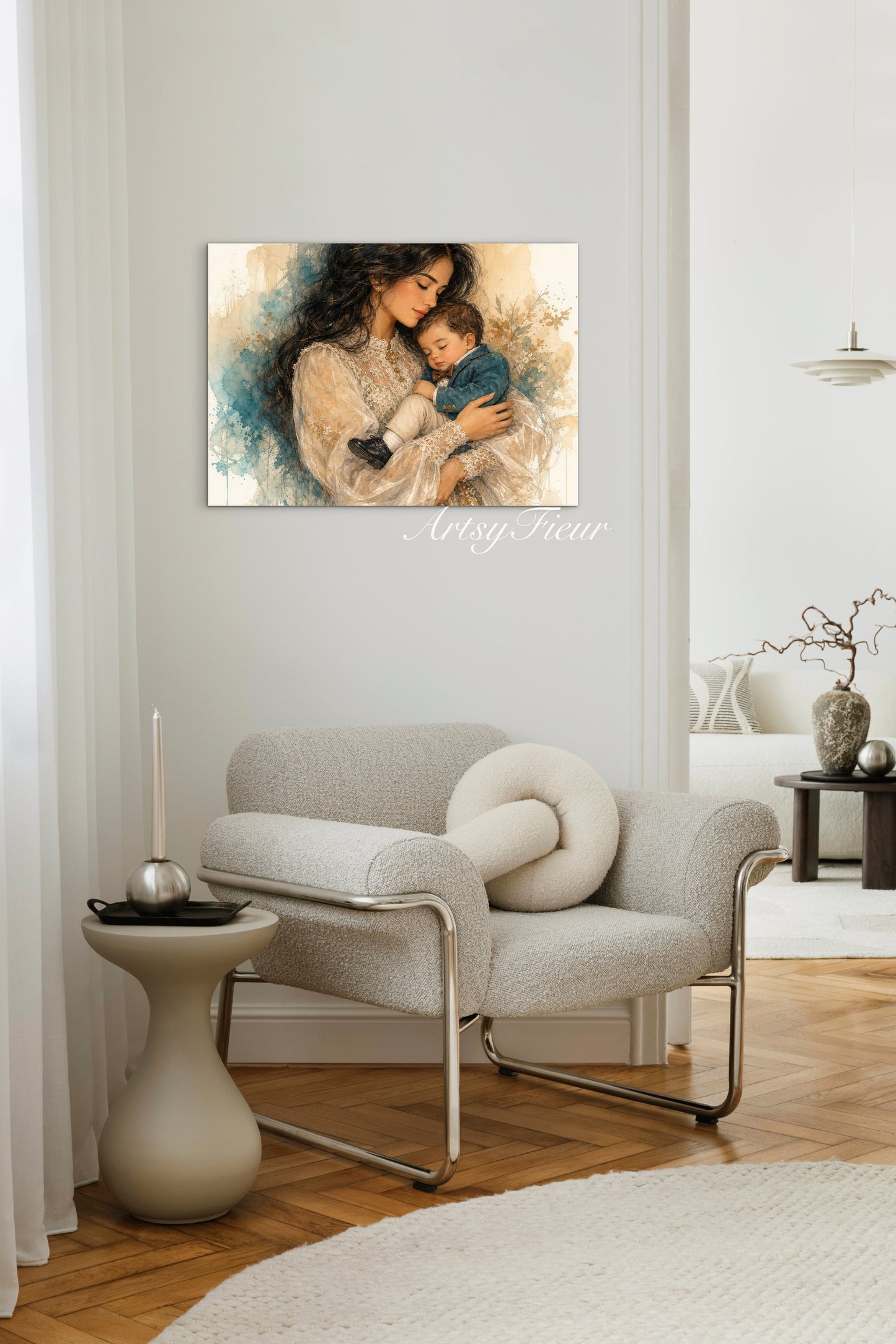 Framed canvas- ready to hang wall art, abstract drawing mother and son portrait, brunette dark hair woman mum and baby vibrant colours, motherhood mothers day gift