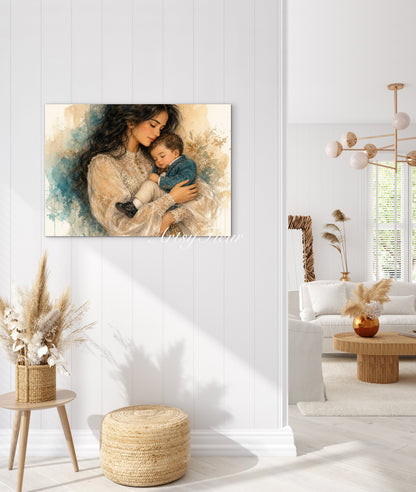 Framed canvas- ready to hang wall art, abstract drawing mother and son portrait, brunette dark hair woman mum and baby vibrant colours, motherhood mothers day gift