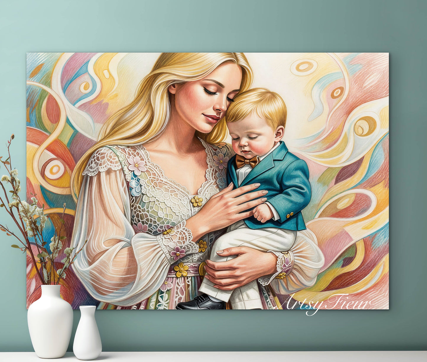 Framed canvas - ready to hang wall art, mother and son abstract portrait beautiful baby boy blonde hair beautiful woman coloured crayons fantasy drawing motherhood mothers day gift
