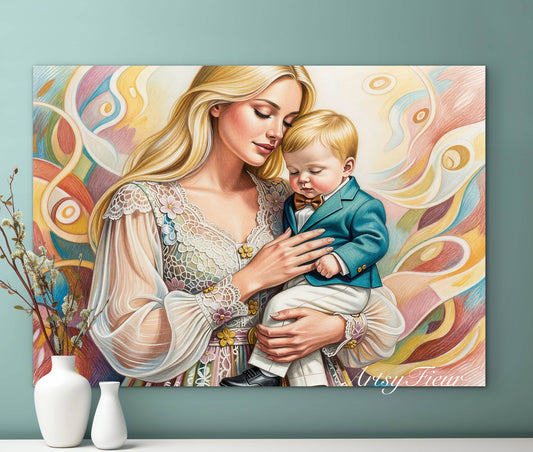 Framed canvas - ready to hang wall art, mother and son abstract portrait beautiful baby boy blonde hair beautiful woman coloured crayons fantasy drawing motherhood mothers day gift