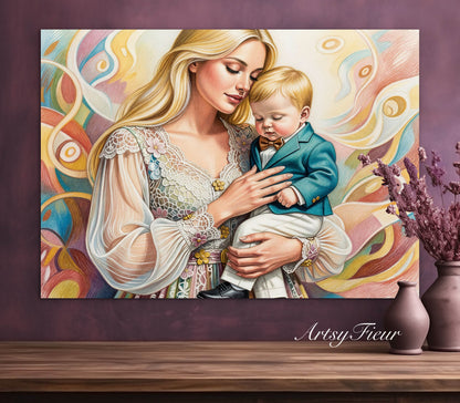 Framed canvas - ready to hang wall art, mother and son abstract portrait beautiful baby boy blonde hair beautiful woman coloured crayons fantasy drawing motherhood mothers day gift