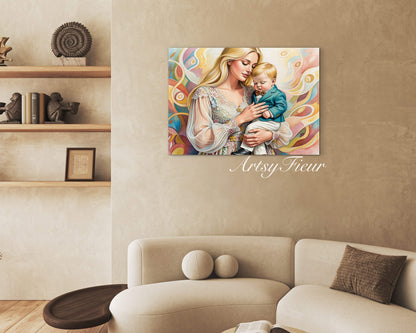Framed canvas - ready to hang wall art, mother and son abstract portrait beautiful baby boy blonde hair beautiful woman coloured crayons fantasy drawing motherhood mothers day gift